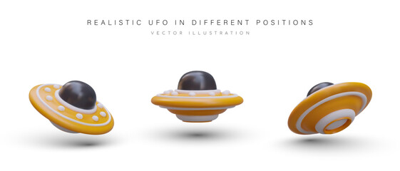 Realistic flying saucer in different positions. View from top, side, bottom. Color isolated UFO. Vector object on white background. Icons for game, application, site © ArtHub02