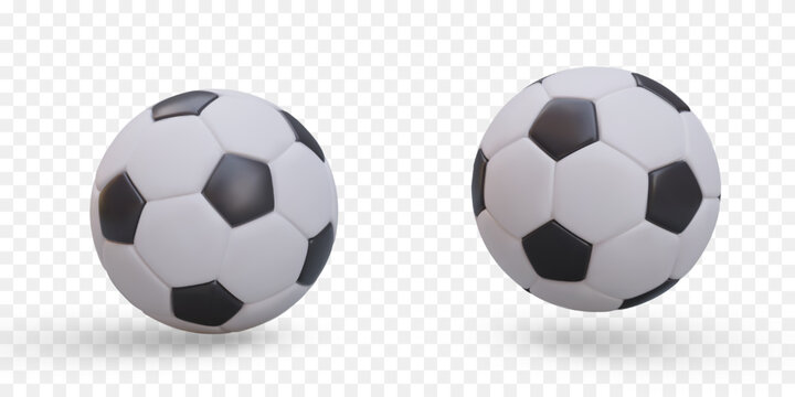 3D black and white soccer ball. Vector image with shadow at different distances. Set of illustrations. Ball is in air, lying. Symbol of sport team play