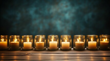 Row of lit candles in glass jars on dark textured background
 - Powered by Adobe