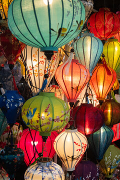 silk colorful lanterns in the night in Hoi An, Vietnam