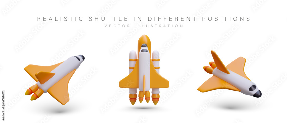 Aufkleber color realistic shuttle. start, flight, landing of spaceship. shuttle with different number of turbi