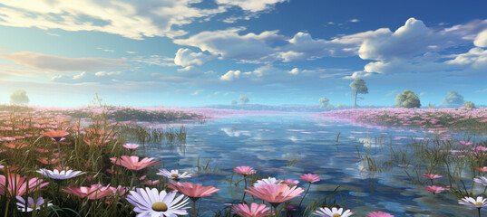 Beautiful colorful flowers field by the side of lake and blue sky 