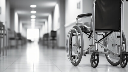 Empty wheel chair in a hospital room interior.