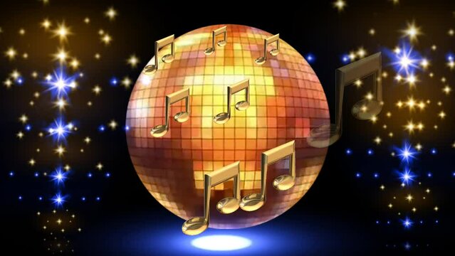 Disco ball with lights and music notes DJ VJ LOOP