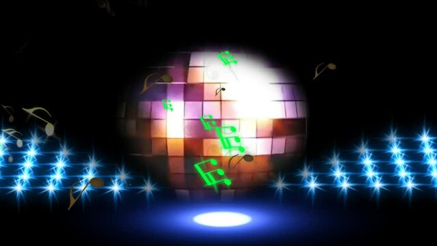 Disco ball with music notes turning on blue plate