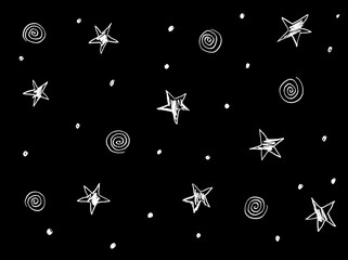 White stars and spirals on a black background