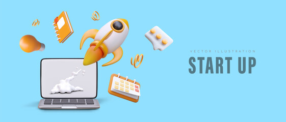 Realistic rocket takes off from laptop. Launching new business. Creative poster in cartoon style. Icons of messenger, planner, calendar, light bulb. Manager success. Startup