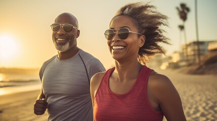 Jogging workout. Middle aged African American ouple during jogging workout on the beach.