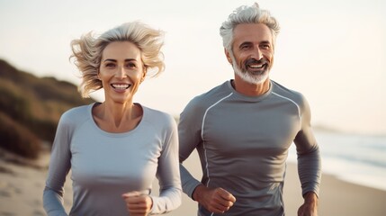 Middle aged Caucasian ouple during jogging workout on the beach. Jogging workout.