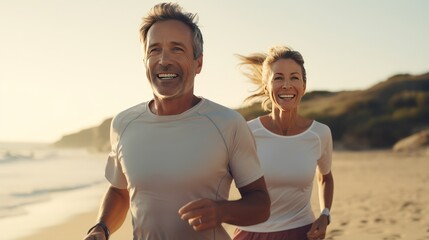 Smiley middle aged Caucasian couple during jogging workout on the beach. Jogging workout. - obrazy, fototapety, plakaty