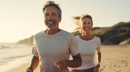 Tuinposter Smiley middle aged Caucasian couple during jogging workout on the beach. Jogging workout. © Liaisan