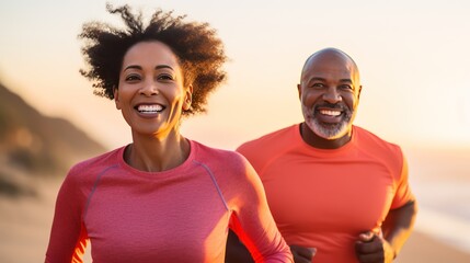 Happy middle aged African American ouple during jogging workout on the beach. Jogging workout.