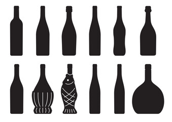 いろいろな形のワインボトルのイラストセット　シルエット　ボトル　アイコン