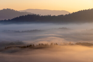 Dawn with golden morning mist in a mountain valley, Croatia
