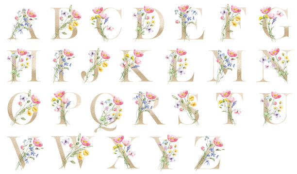 Letter set, floral alphabet with watercolor flowers and leaf. Monogram initials perfectly for wedding invitation, greeting card, logo, poster. Holiday decoration hand painting.