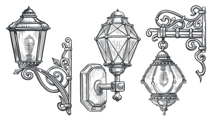 Wall old street lamp. Vintage lantern sketch vector illustration engraving style © ~ Bitter ~
