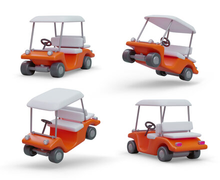 Realistic golf car. Set of images in different positions. Mini cart, front, side, rear view. Transportation services to golf course. Comfort of players