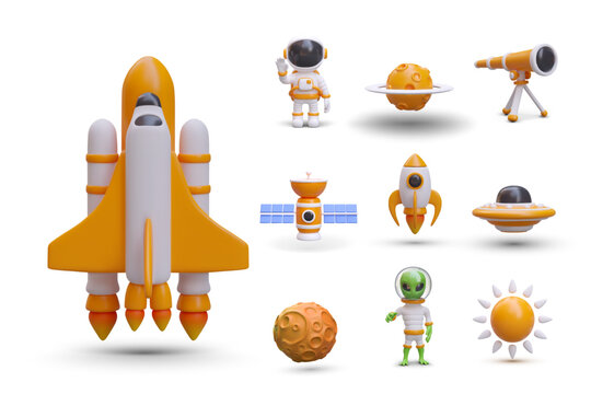 Large set of colorful realistic space objects. Shuttle, flying saucer, rocket, satellite. Sun and Moon, planet with asteroid belt. Astronaut, alien, telescope. Vector icons, illustrations