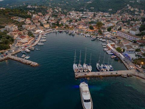 Aerial drone view of Kassiopi village in north corfu island, Greece