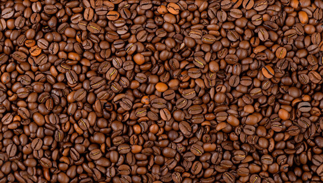 Coffee beans background. Roasted coffee beans close up