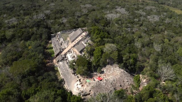 Ancient mayan Ek Balam city pyramid acropolis in mexican jungle.