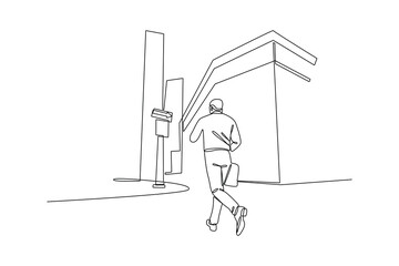 Continuous one line drawing People going along city street. Urban panorama with pedestrians, cyclists, buildings, trees and road. Horizontal cityscape concept. Doodle vector illustration.