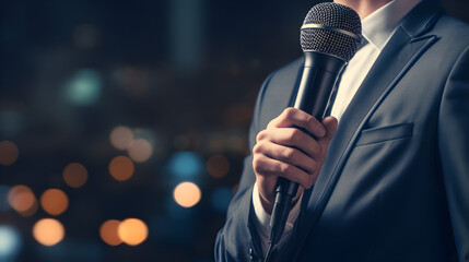 A Person Holding a Microphone on stage - obrazy, fototapety, plakaty