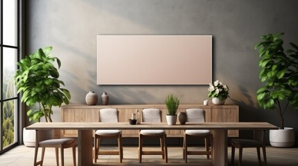 Detailed dining room mockup large TV on the wall minimalist