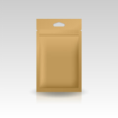 Kraft paper brown foil, plastic, paper flat zip lock bag with triangle hang hole for products. Isolated on gradient gray background. Ready to use for package design. Realistic vector illustration.