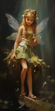 illustration of a small fairy, oil painting, generative AI