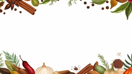 Spices and herbs forming a border around blank space
