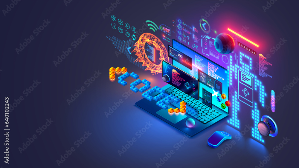 Fototapete Child create code of program for control robot on laptop, phone on programming language. Kids educational of computer game technology, robotics, engineering. Programming game AI robot in stem school.