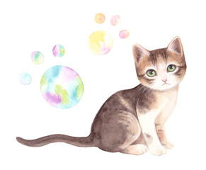 Cat painted in watercolor and footprints in smudge technique
