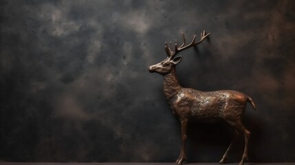 deer bronze figure, statue, sculpture, in front of a grey concrete wall, background banner with copy space for text, marketing, sales