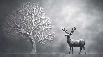deer watching a tree, bronze figure, sculpture, in front of a grey concrete wall, background banner with copy space for text, marketing, sales