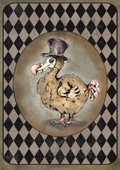 Watercolor Dodo bird in vintage style on grunge diamond checker background
- 640103027