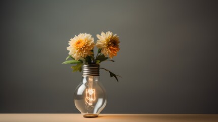 Flowers in a transparent vase in the form of a light bulb on the table