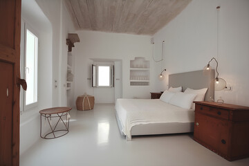 Meiterranean style bedroom interior with modern bed.