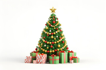 3D Christmas Tree With Presents Isolated on White Background