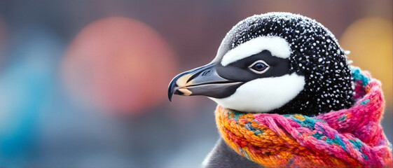 Pinguin mit sehr buntem Schal um den Hals. 3d gerendertes Ki Poster