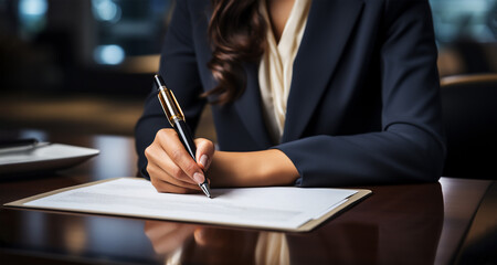 A businesswoman with a suit signing her signature on document, Hand Holding pen writing down or filling out on blank form paper in business office. Generative AI