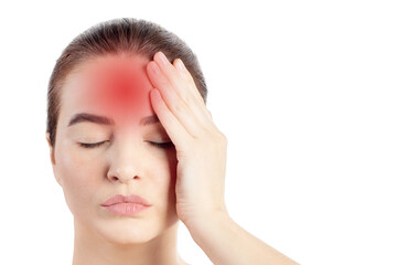 Woman has a headache or fever. Red spot pain migraine, Close Up portrait white background