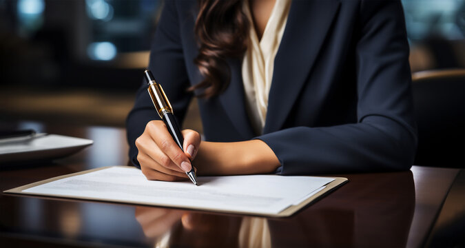 A Businesswoman With A Suit Signing Her Signature On Document, Hand Holding Pen Writing Down Or Filling Out On Blank Form Paper In Business Office. Generative AI