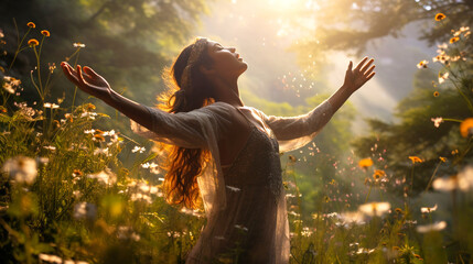 Blossoming Harmony: Woman Healer Embracing Natural Reiki in the Flower Field