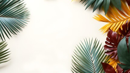 Fototapeta na wymiar Creative layout made of colorful tropical leaves on white background. Minimal summer exotic concept with copy space. Border arrangement. AI generative
