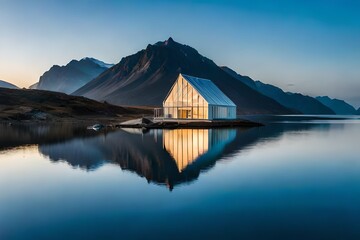 reflection of the house and mountains in lake of greenland  - obrazy, fototapety, plakaty