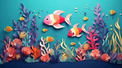 Fototapeta na wymiar Whimsical undersea world with colorful paper fish 