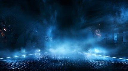 Dark empty scene, blue neon searchlight light, wet asphalt, smoke, night view, rays. AI Generative