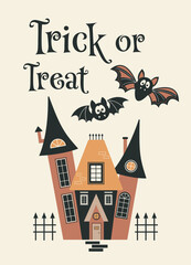 Obraz premium Halloween greeting card. Happy Halloween party vector illustration. Cute bats and castle on a light background. Trick or Treat inscription. Design for flyer, banner, poster templates.