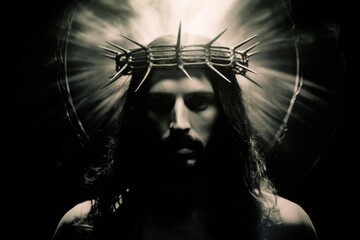 Jesus Christ with crown of thorns on dark background, monochrome